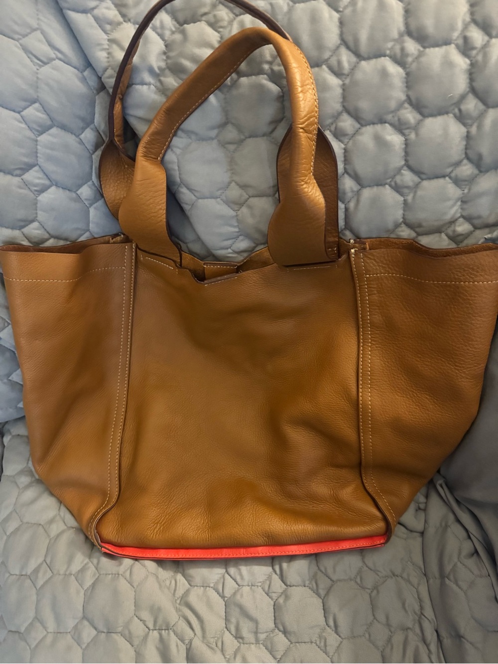 GAP vtg Genuine Cow Leather Cognac Pebbled Tote Shoulder Bag Coral Bottom Large